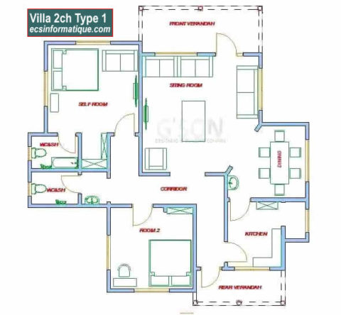 Plan de maison 2 chambres salon - Distribution 2D - Villa T3 Type 1