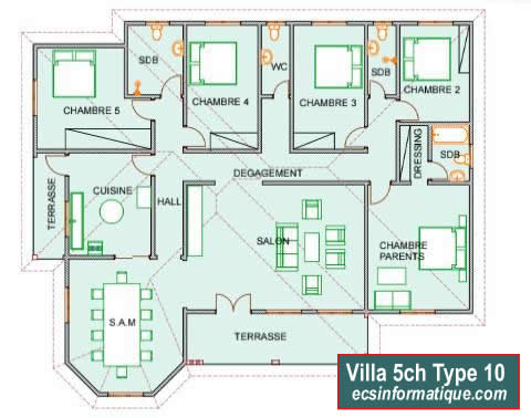 Plan de maison 5 chambres salon - Distribution 2D - Villa T6 Type 10