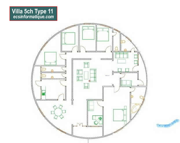 Plan de maison 5 chambres salon - Distribution 2D - Villa T6 Type 11