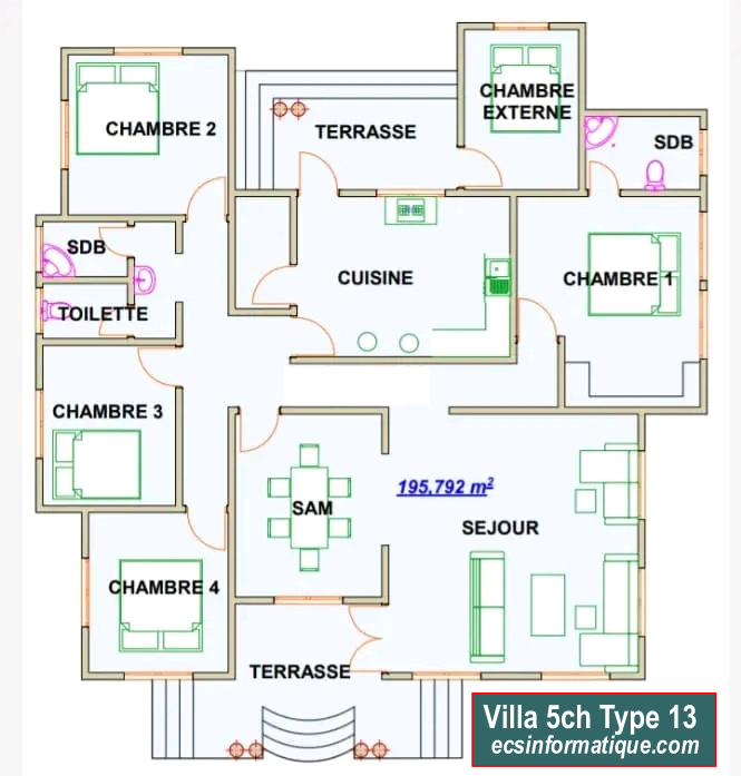 Plan de maison 5 chambres salon - Distribution 2D - Villa T6 Type 13