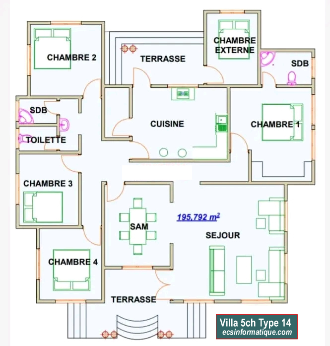 Plan de maison 5 chambres salon - Distribution 2D - Villa T6 Type 14