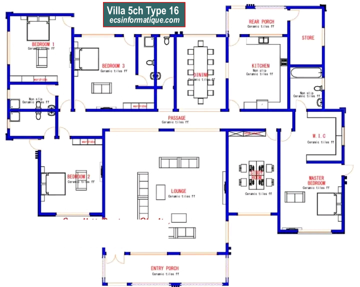 Plan de maison 5 chambres salon - Distribution 2D -Villa T6 Type 16