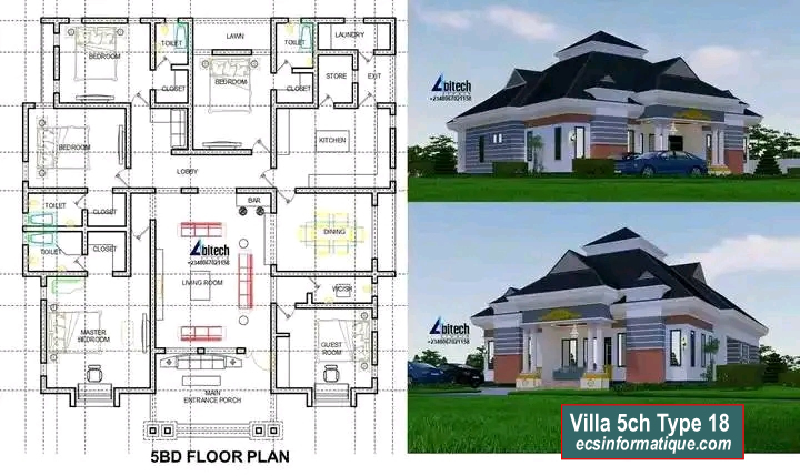 Plan de maison 5 chambres salon - Distribution 2D -Villa T6 Type 18