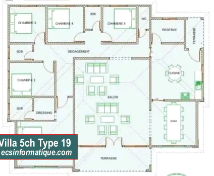 Plan de maison 5 chambres salon - Distribution 2D -Villa T6 Type 19