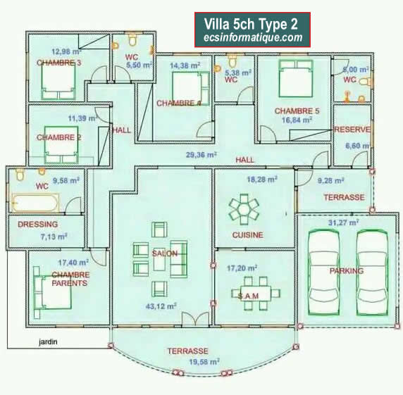 Plan de maison 5 chambres salon - Distribution 2D - Villa T6 Type 2