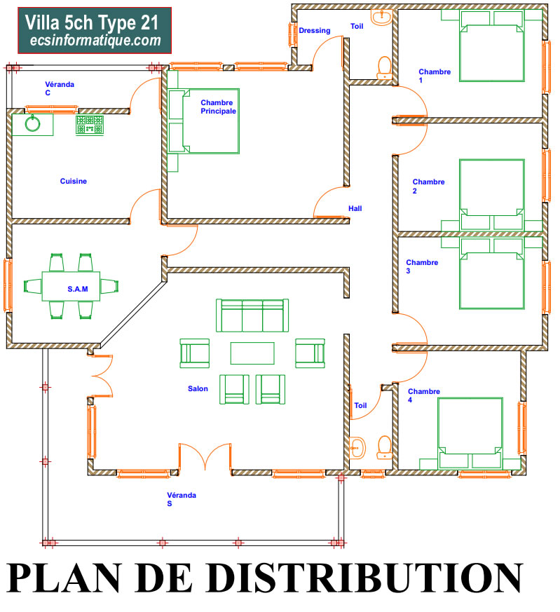 Plan de maison 5 chambres salon - Distribution 2D -Villa T6 Type 21