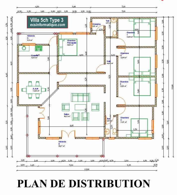 Plan de maison 5 chambres salon - Distribution 2D - Villa T6 Type 3