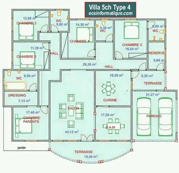 Plan de maison 5 chambres salon - Distribution 2D - Villa T6 Type 4