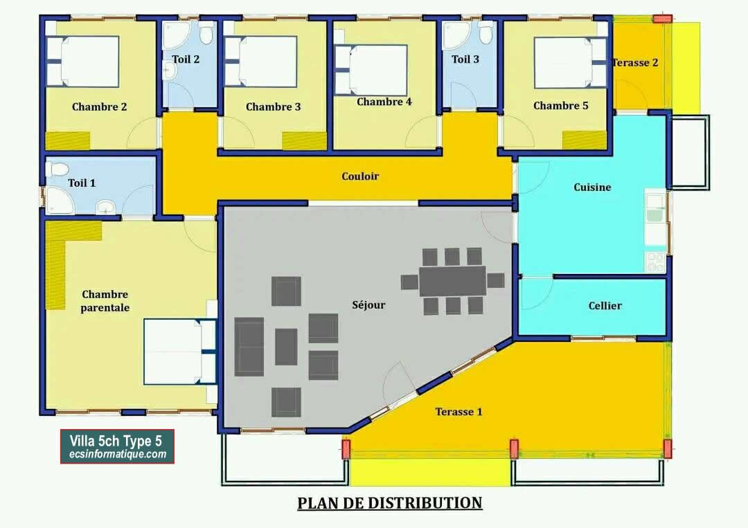 Plan de maison 5 chambres salon - Distribution 2D - Villa T6 Type 5