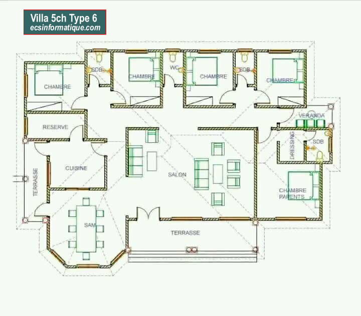 Plan de maison 5 chambres salon - Distribution 2D - Villa T6 Type 6