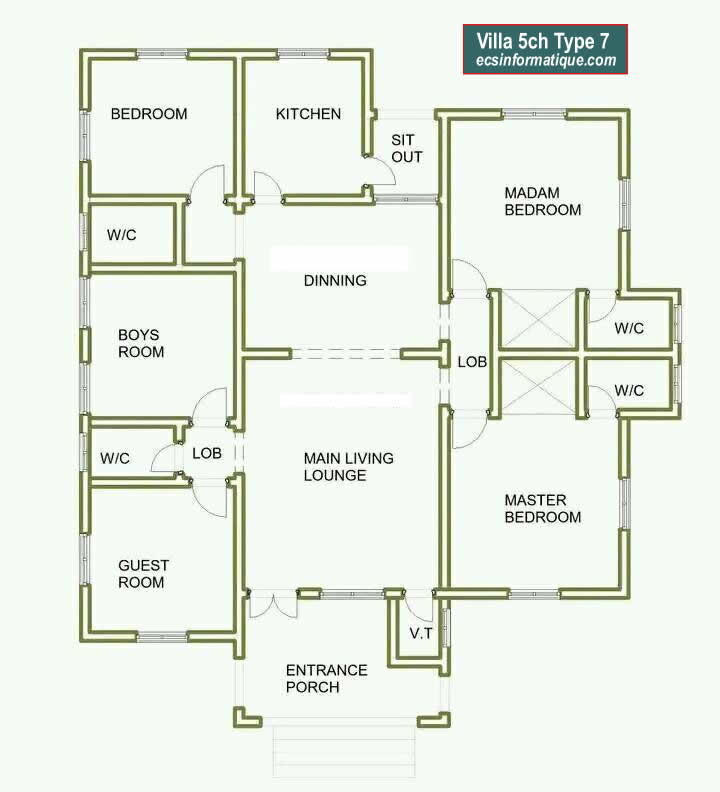 Plan de maison 5 chambres salon - Distribution 2D - Villa T6 Type 7