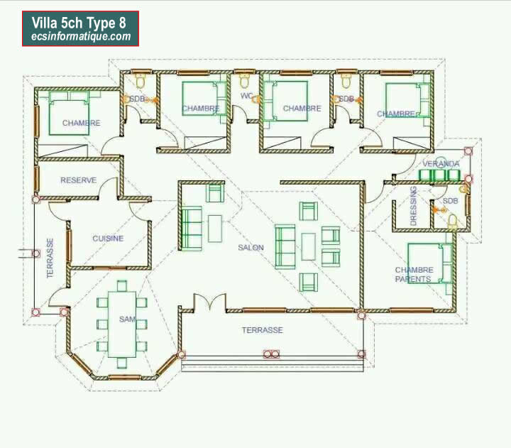 Plan de maison 5 chambres salon - Distribution 2D - Villa T6 Type 8