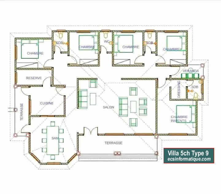 Plan de maison 5 chambres salon - Distribution 2D - Villa T6 Type 9